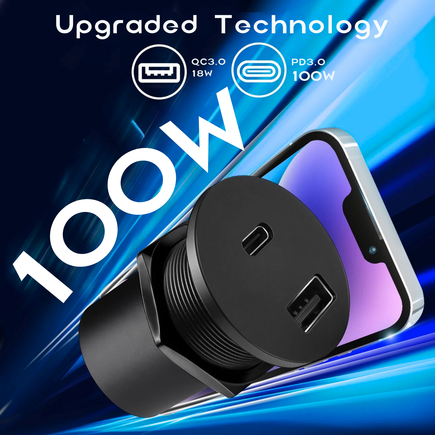 12V USB-C USB-A 100W Power Socket – Flush Mount