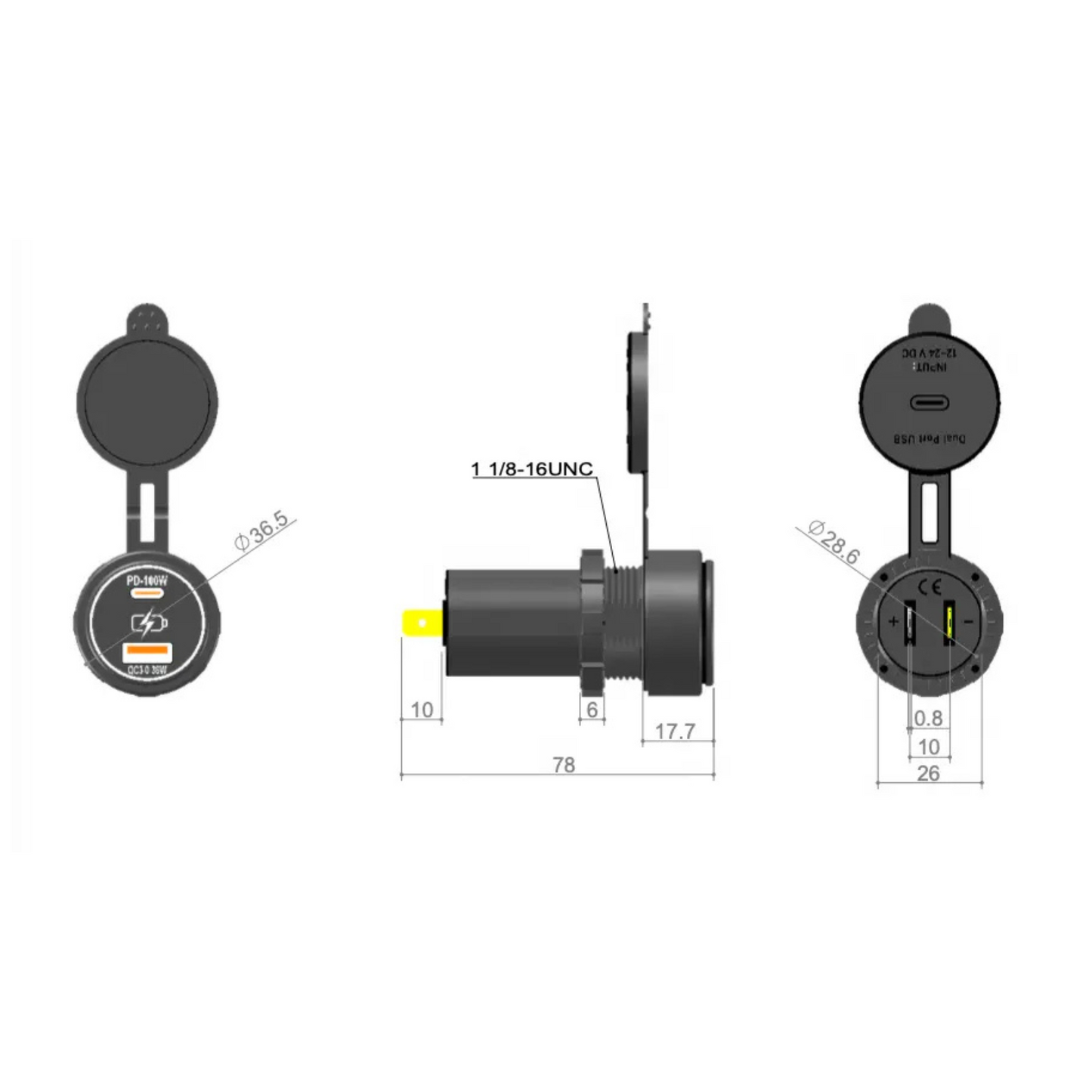 PD PRO USB-A +USBC Charger Socket 100w 12-24v