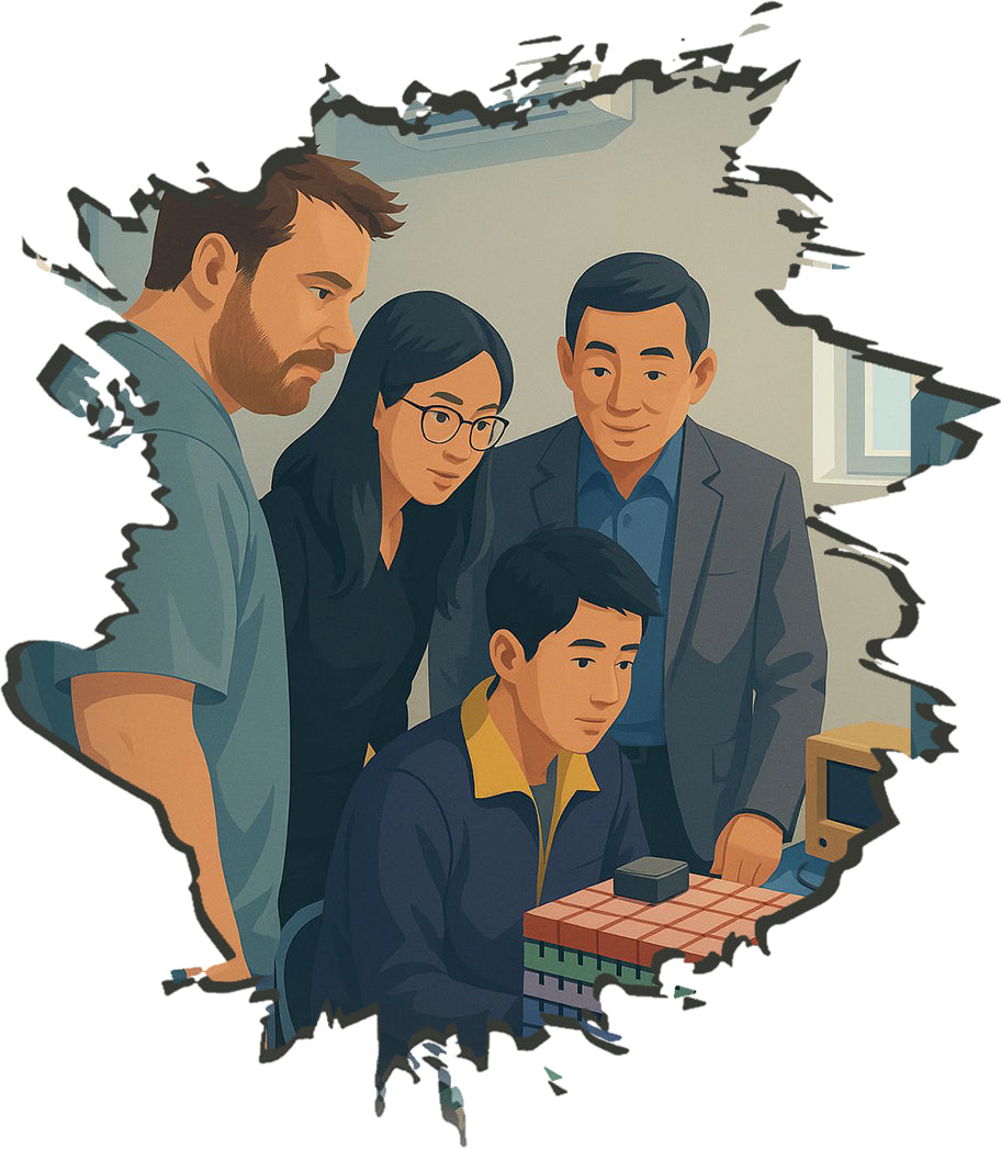 Illustration of four people around a table within a factory with Testing equipment.