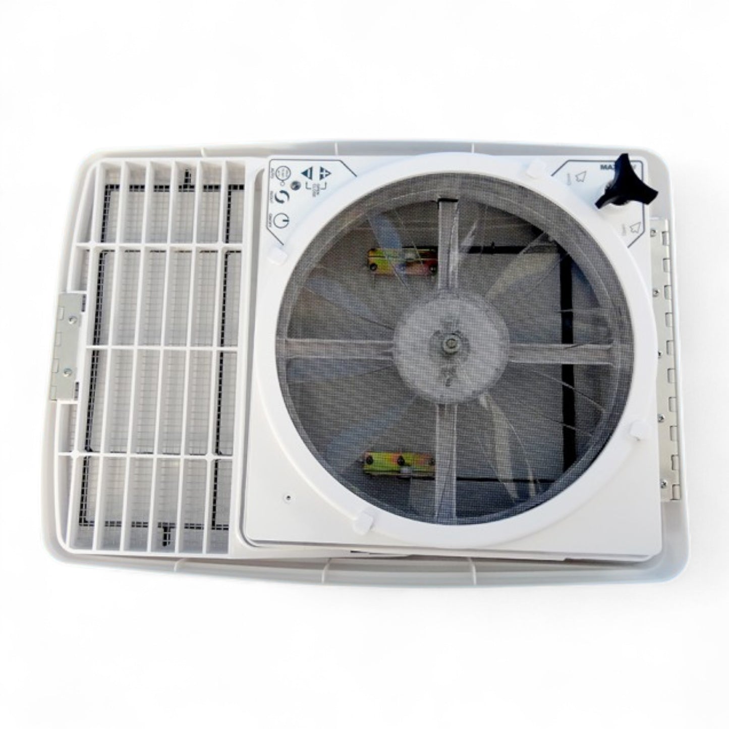 MaxxFan Deluxe with Rain Dome, Thermostat, Manual Lift (White) 360x360 Cutout