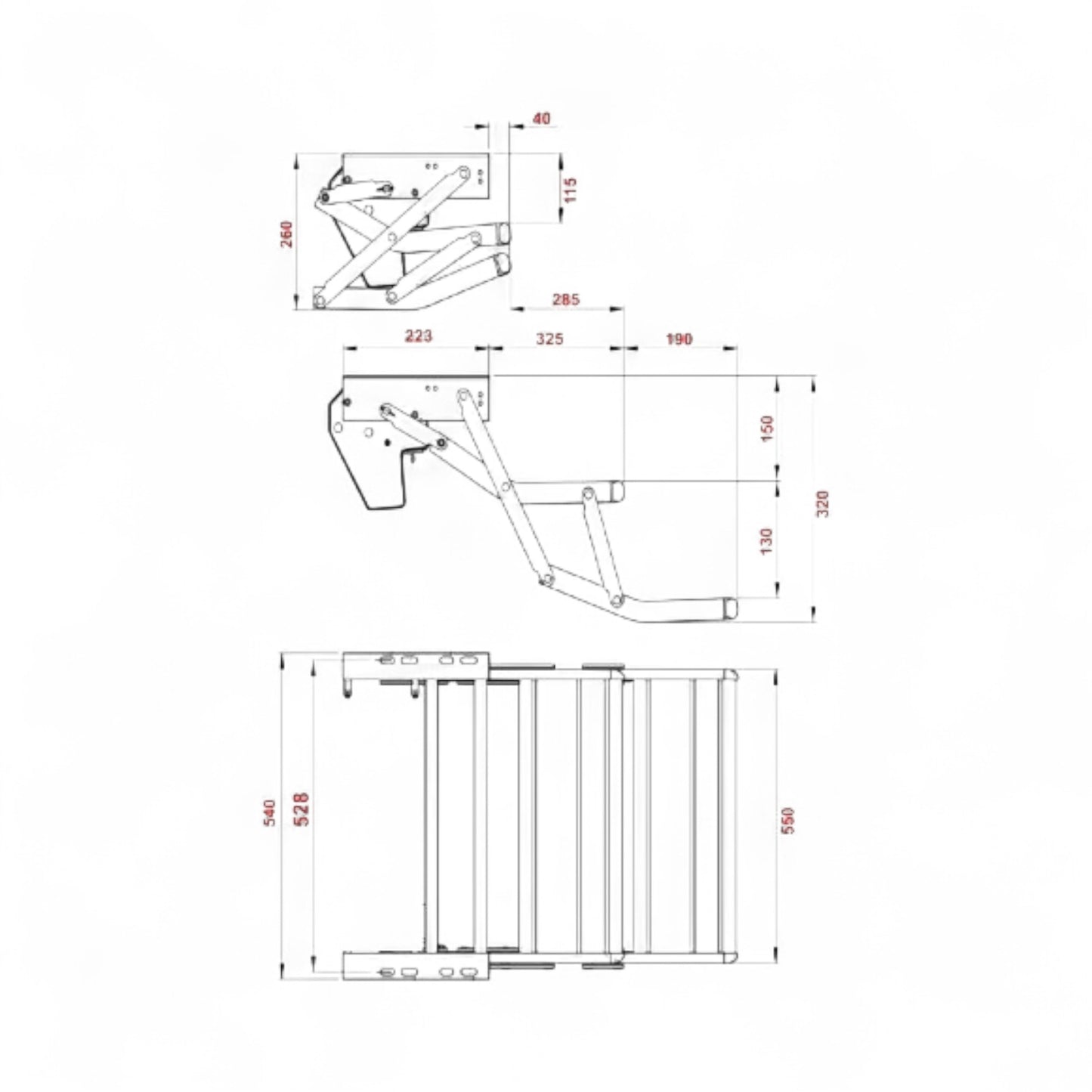 Technical drawing of a mechanical step with dimensions on a white background