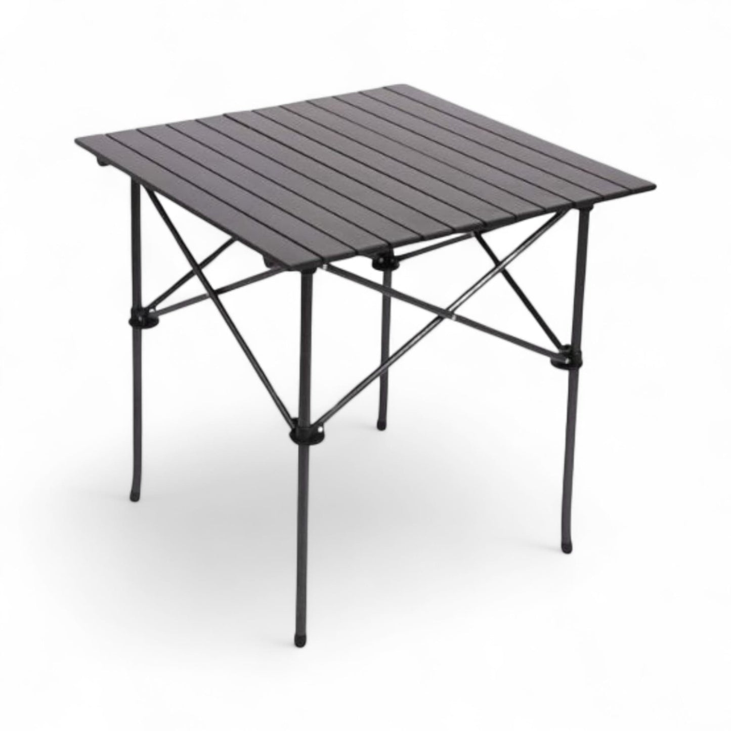 Portable folding table with metal top and black legs on a white background