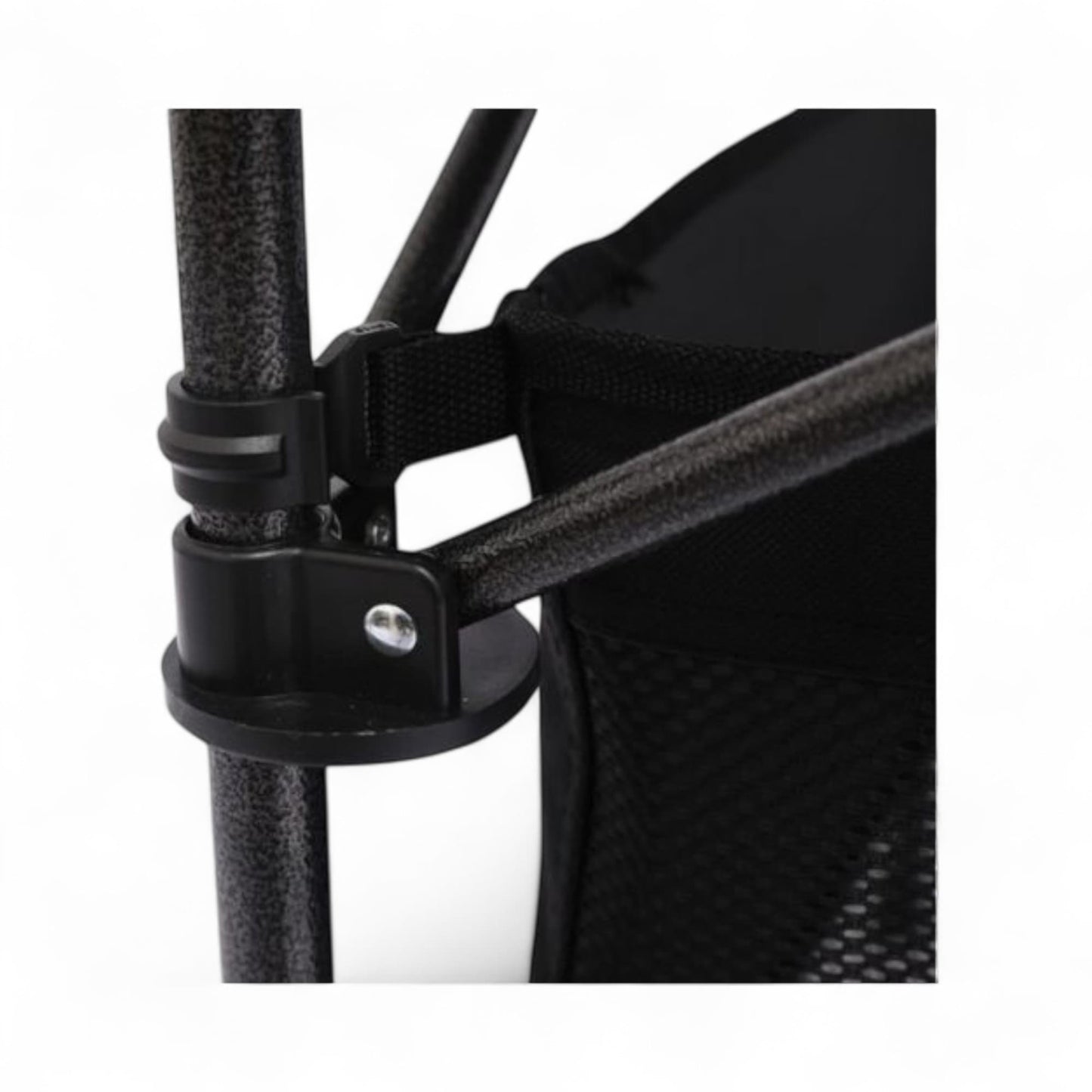 Close-up of a black mesh chair with a strap and metal clip on a white background