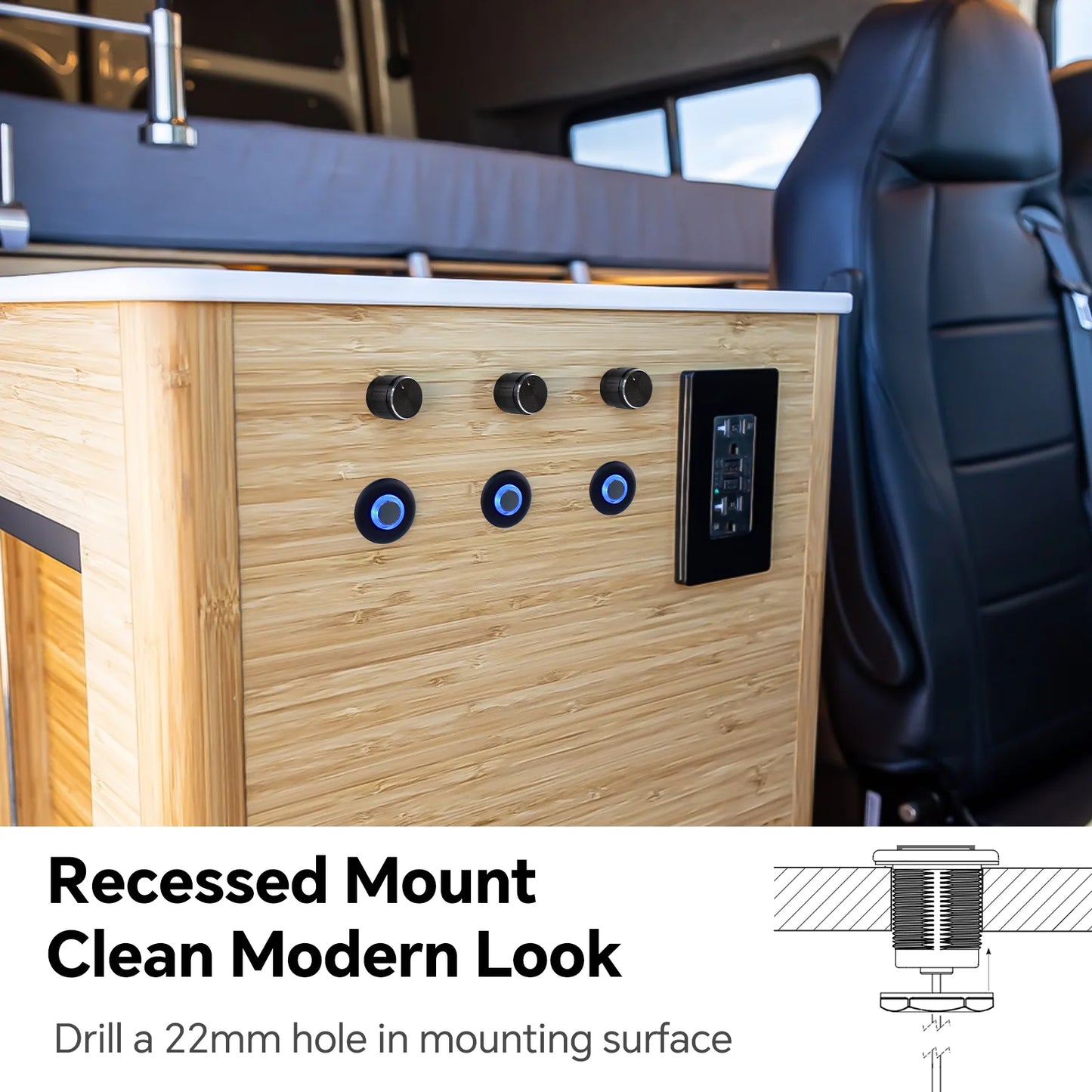 led black switch dimmers installed into cabinetry