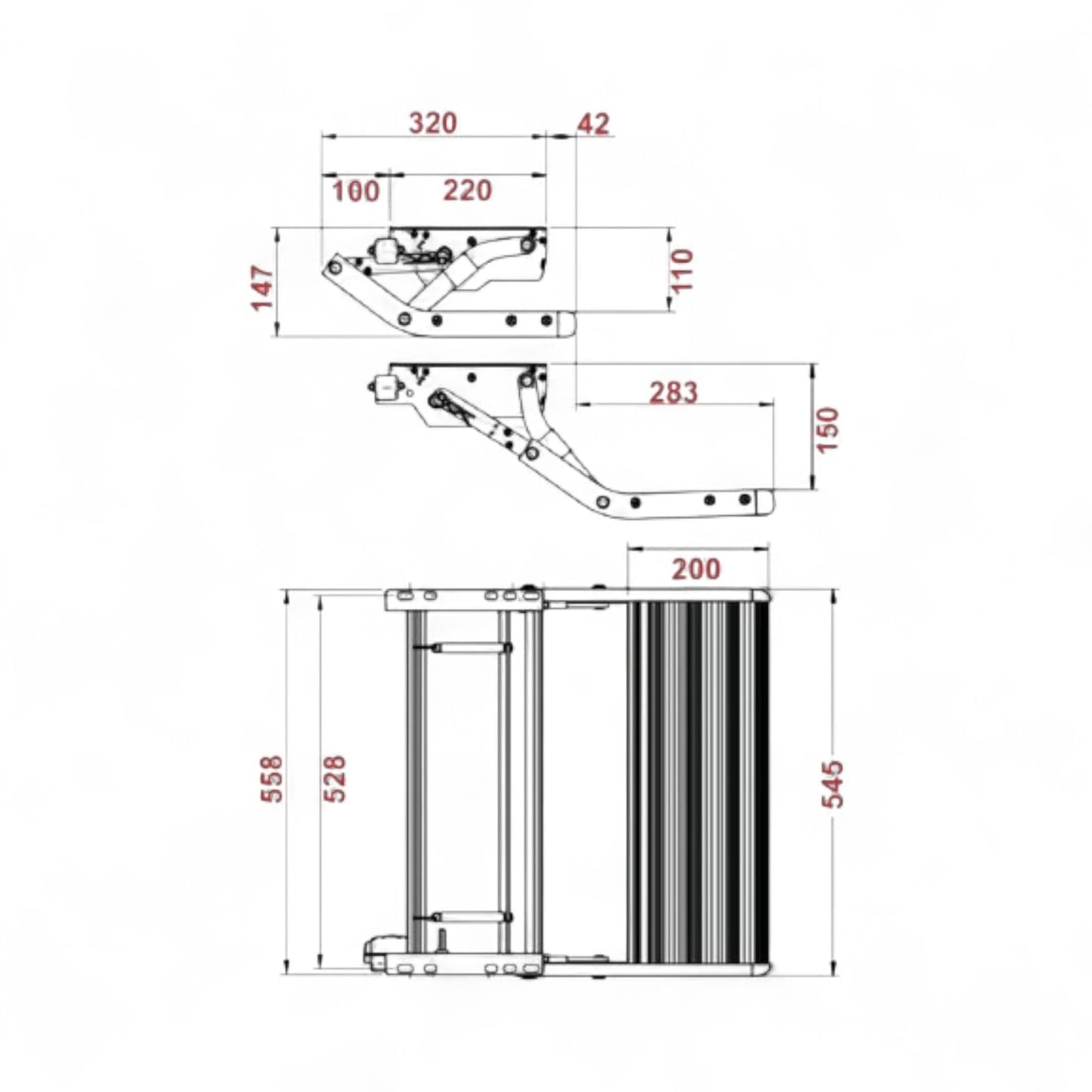 Technical drawing of a mechanical step with dimensions labeled