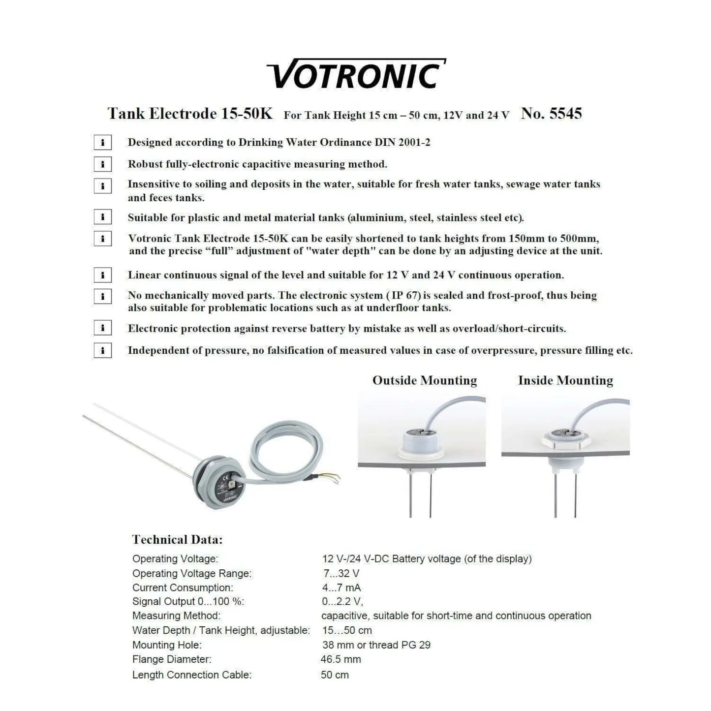 Campervan water tank sensor electrode for fresh water tanks