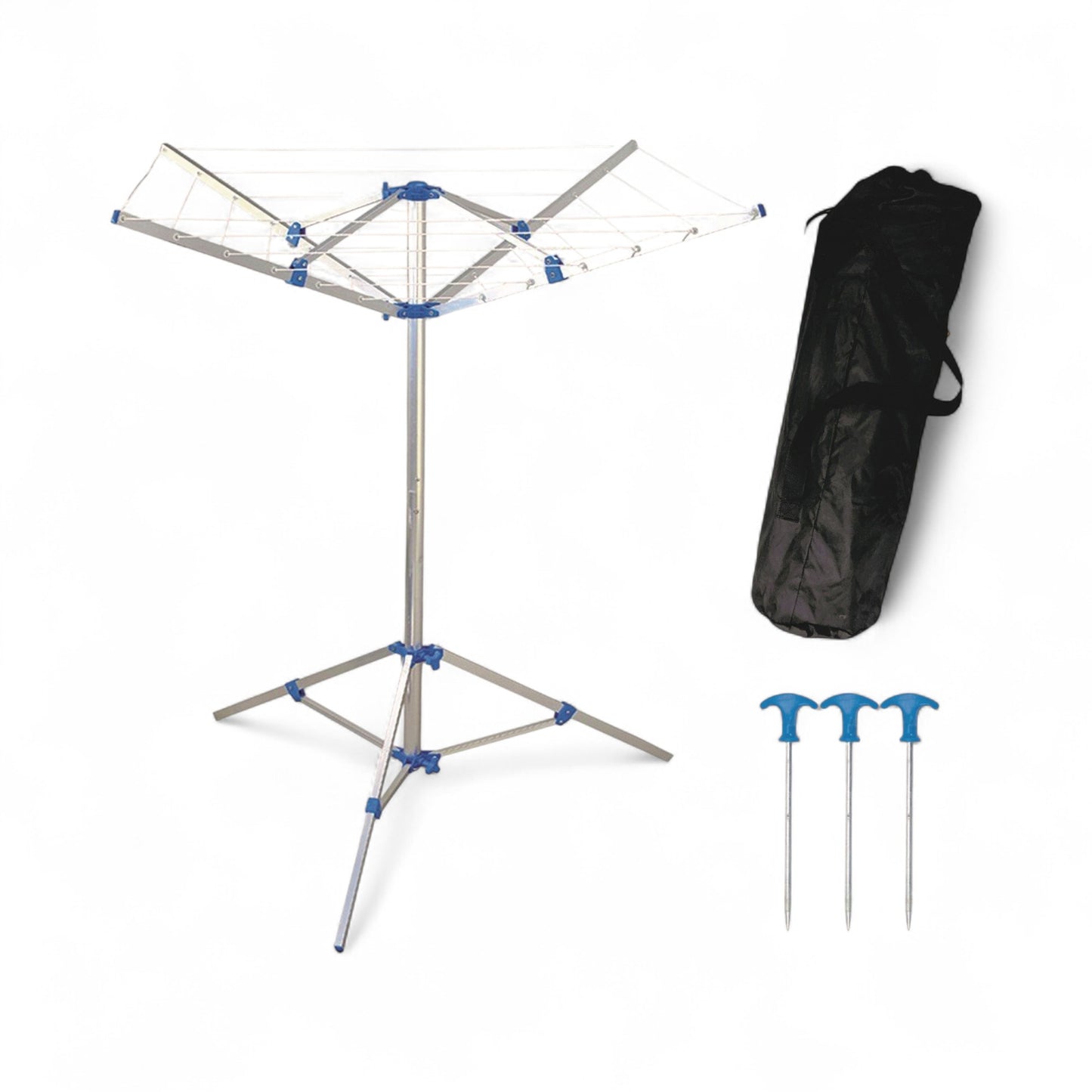 Clothes drying rack with carrying bag and stakes on a white background