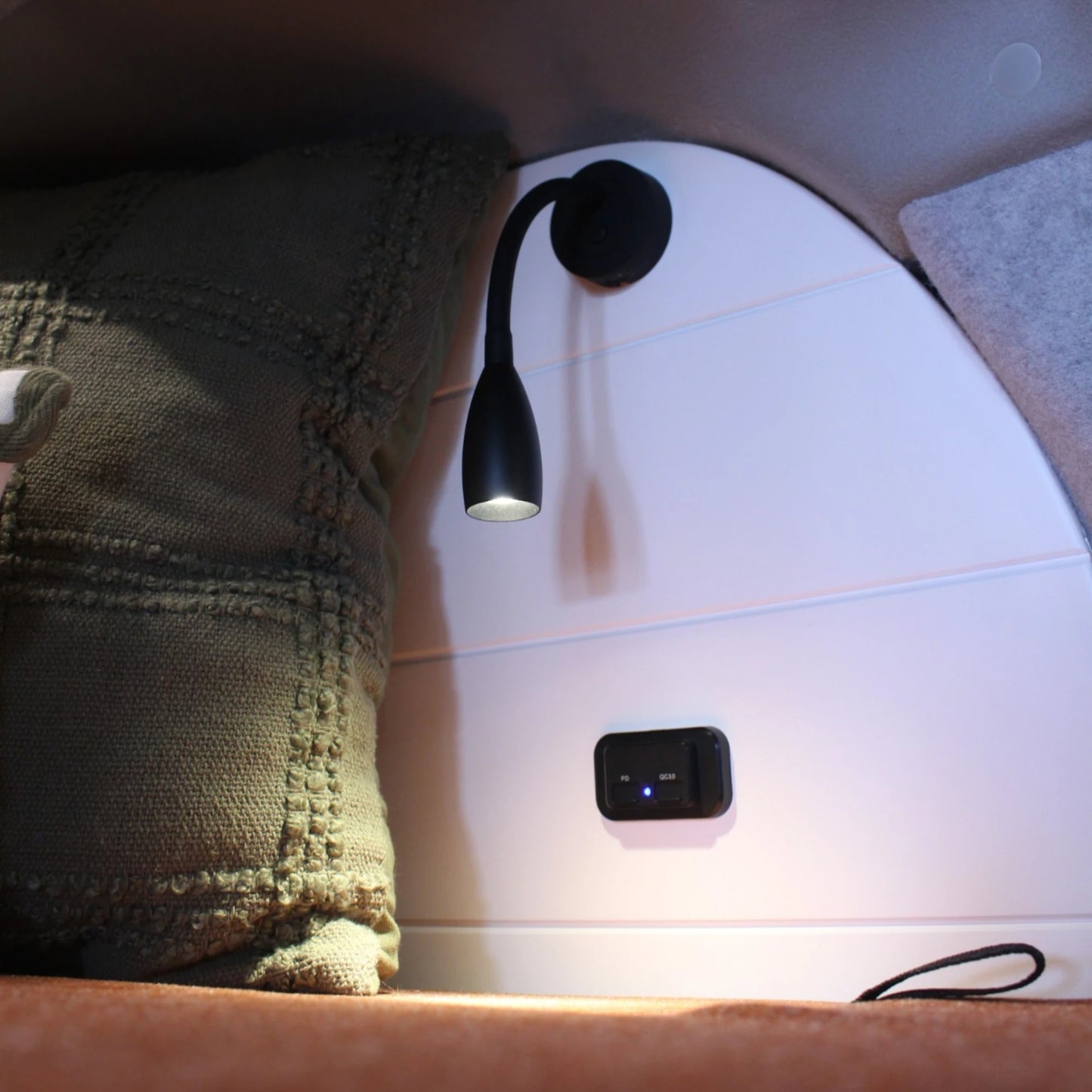 Dual LED reading lights with USB charging ports and dimmer control