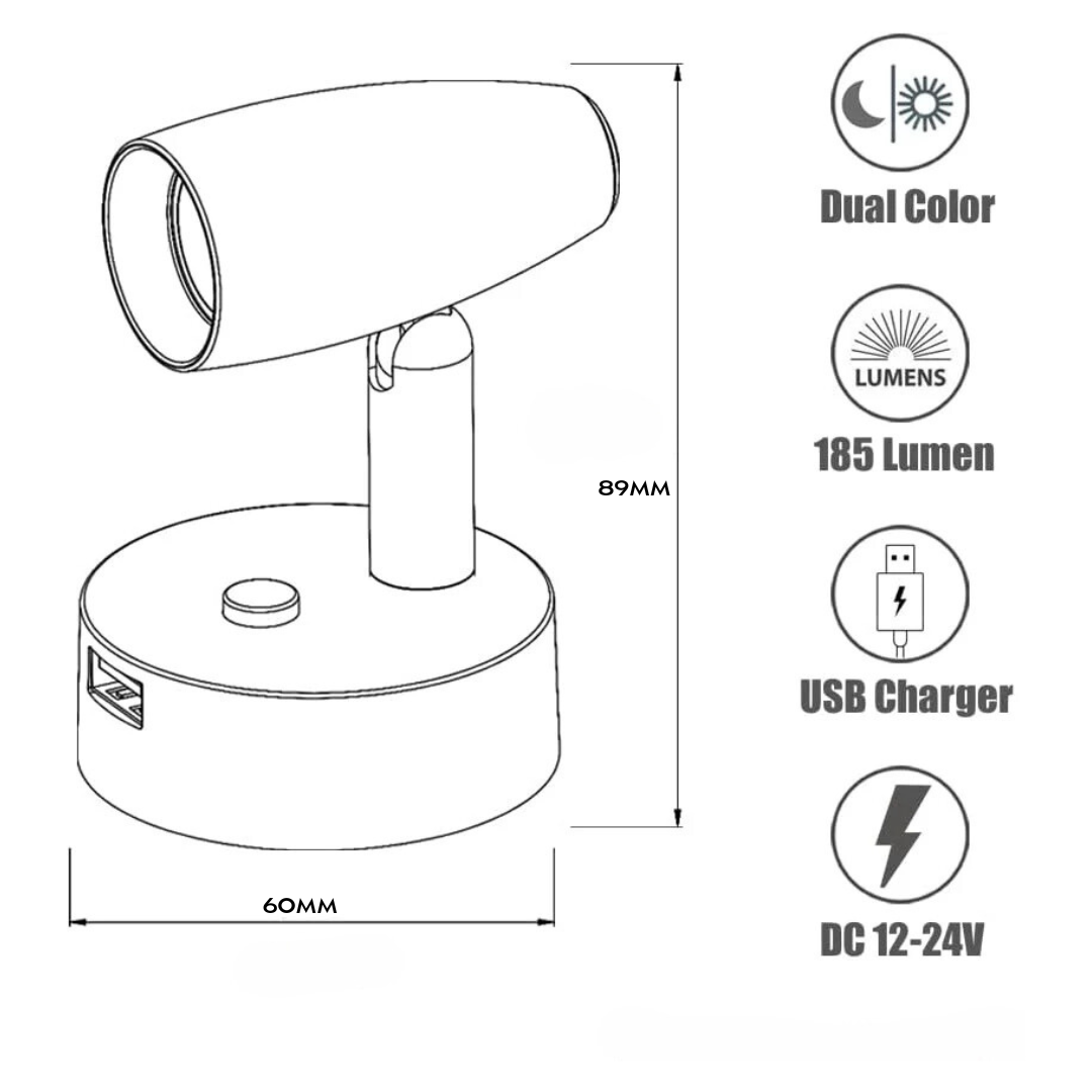 12/24 Volt Reading Spotlight for Caravans (Gun Metal Gloss Black)