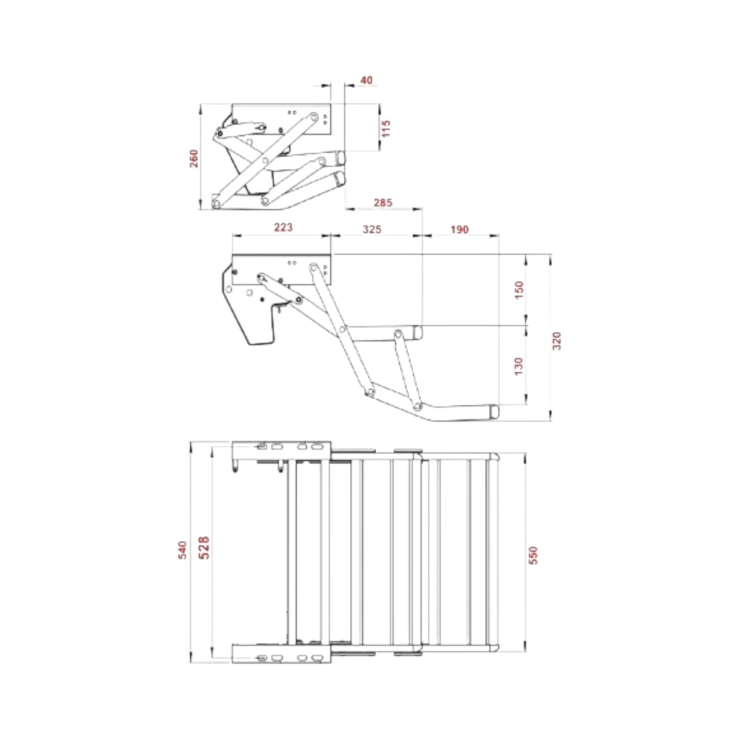 Technical drawing of a manual double step with dimensions