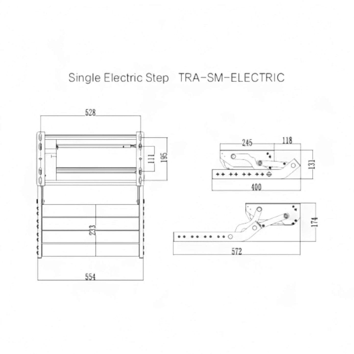 Technical drawing of a single electric step with dimensions labeled