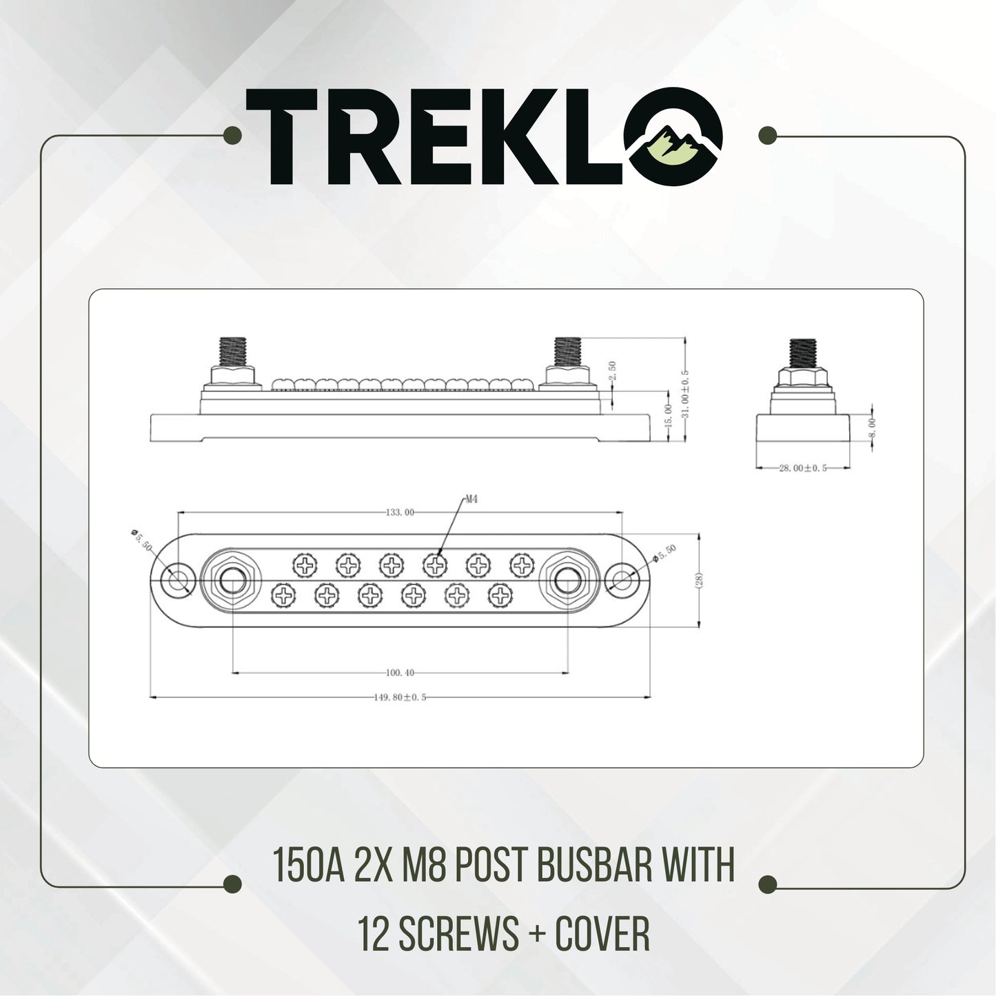treklo 150a busbar 2 post m8 terminals with mounting hardware