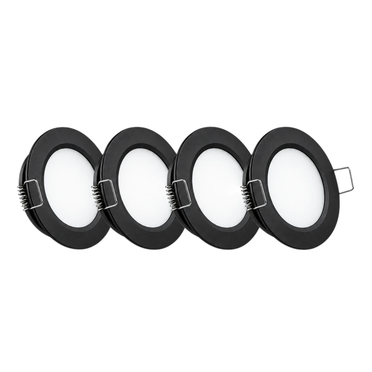 Treklo black 12v LED downlights four pack with cool white illumination for caravan interiors