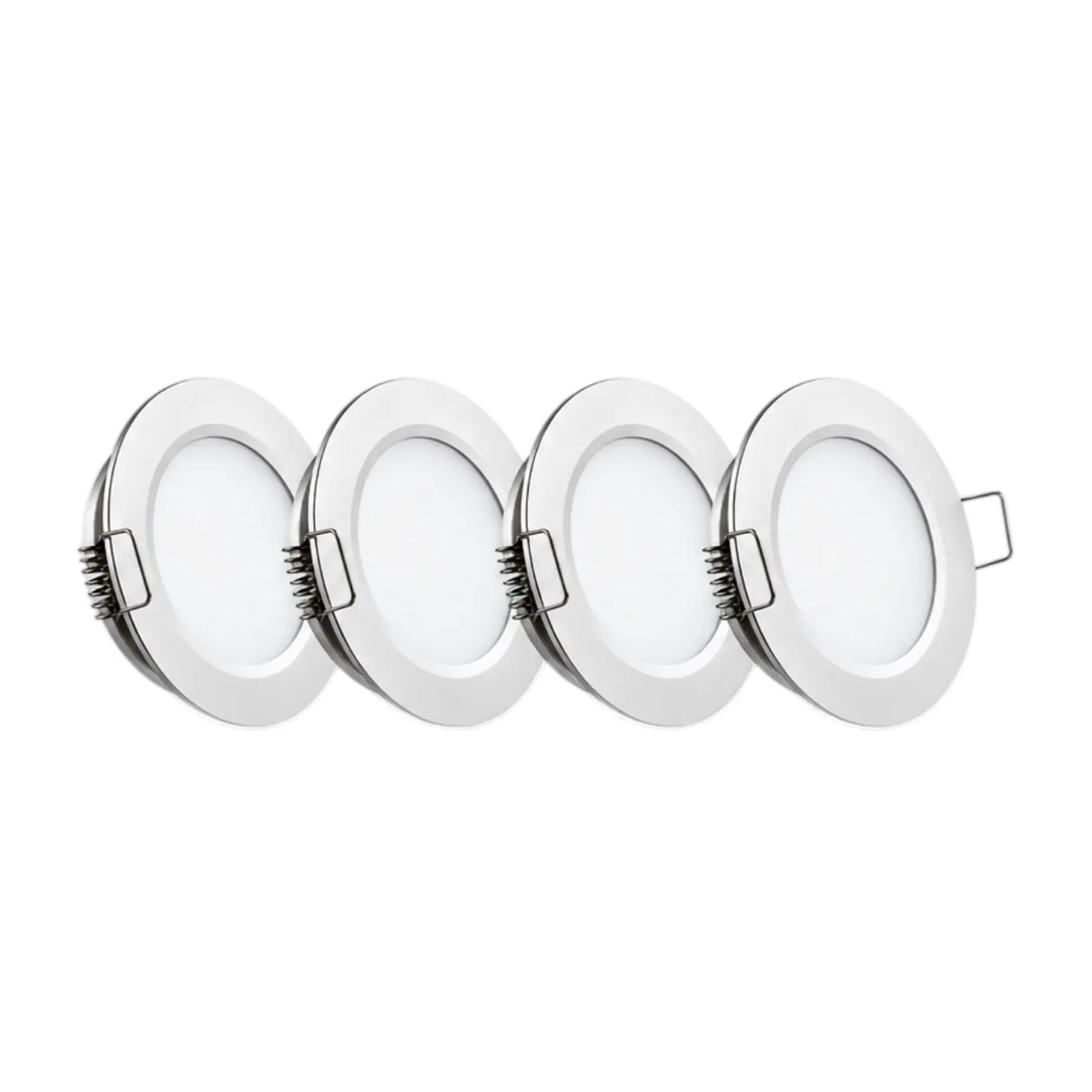 Warm white caravan lighting set with four silver LED downlights for touring setups