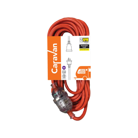 Orange 15A 10M extension lead with packaging on a white background