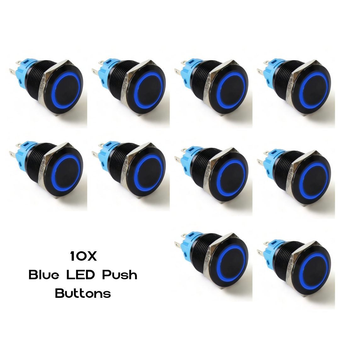 19Mm Latching Led Push Button Switch - Black Anodised Finish 12 - 24V 10X Blue Switches