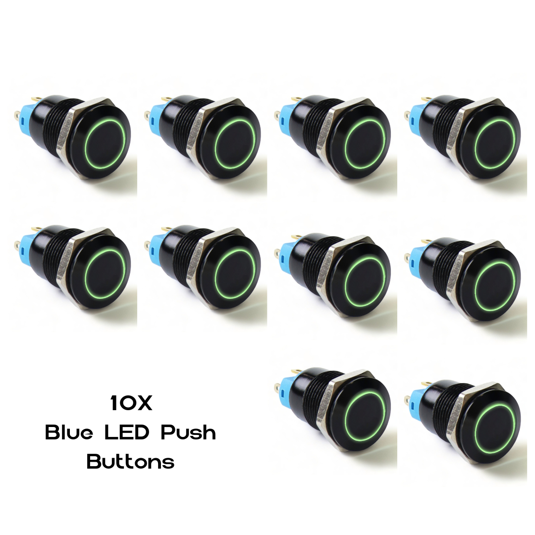 19Mm Latching Led Push Button Switch - Black Anodised Finish 12 - 24V 10X Green Switches