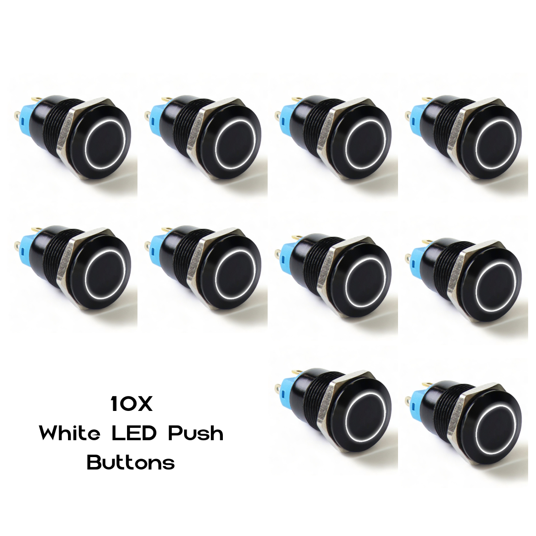 19Mm Latching Led Push Button Switch - Black Anodised Finish 12 - 24V 10X White Switches