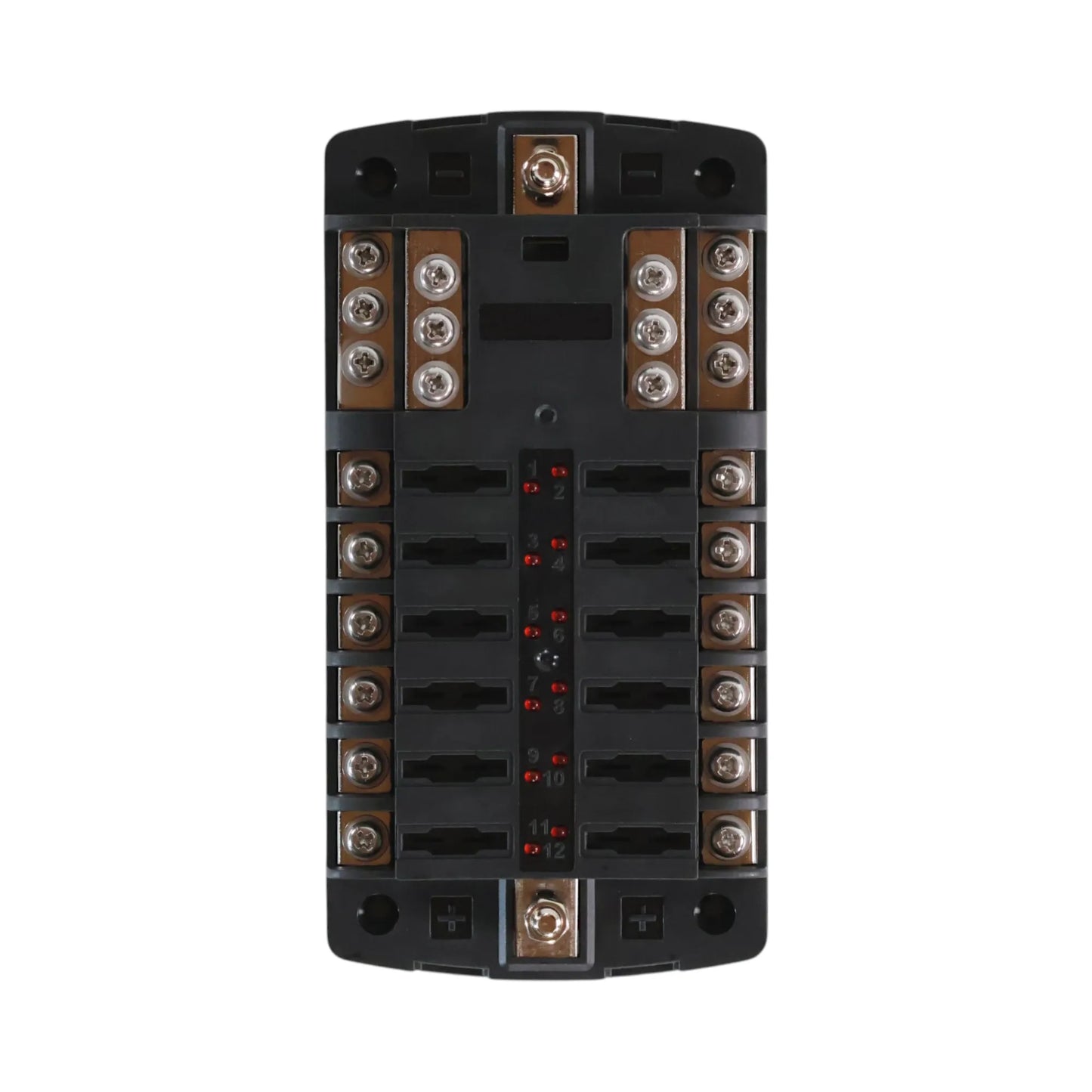 12 circuit blade fuse block with positive and negative busbars for caravan electrical systems