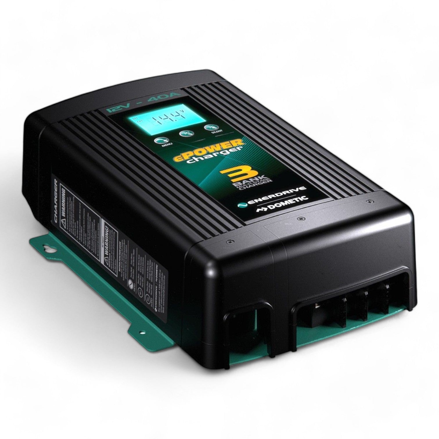Close-up of 12V 40A smart battery charger with LED indicators