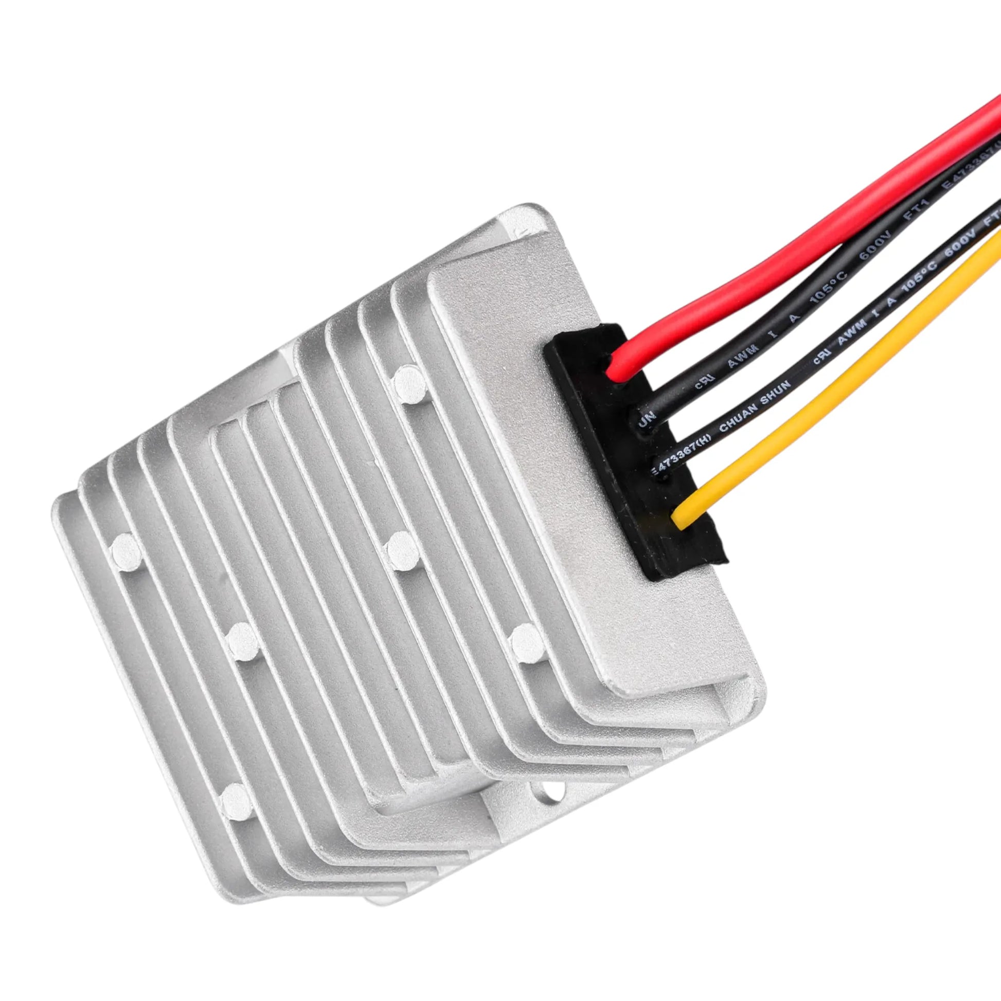 close-up of adjustable 12–48V 3A DC-DC boost converter with terminals