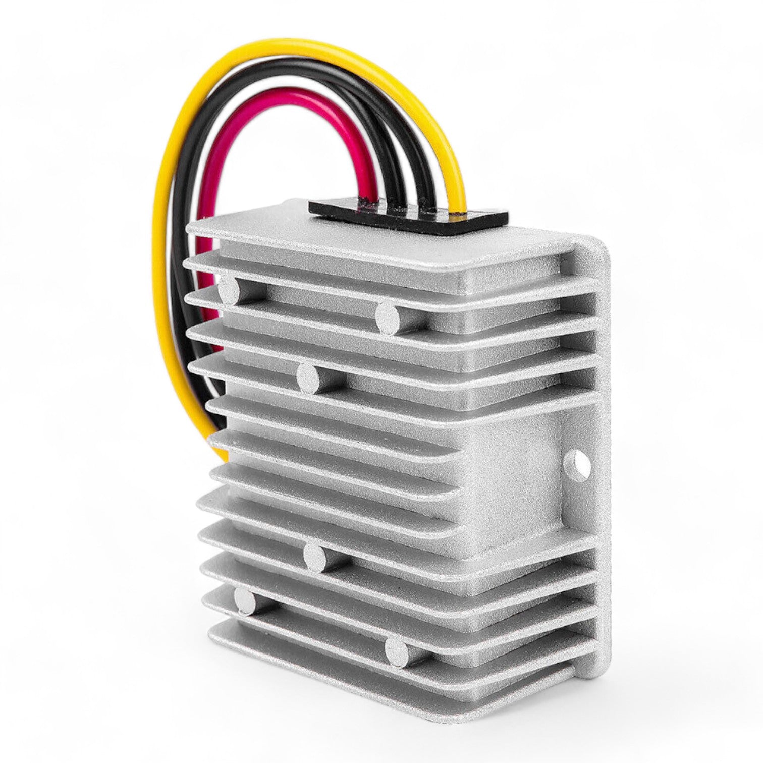 close-up of adjustable 12–48V 3A DC-DC boost converter with terminals