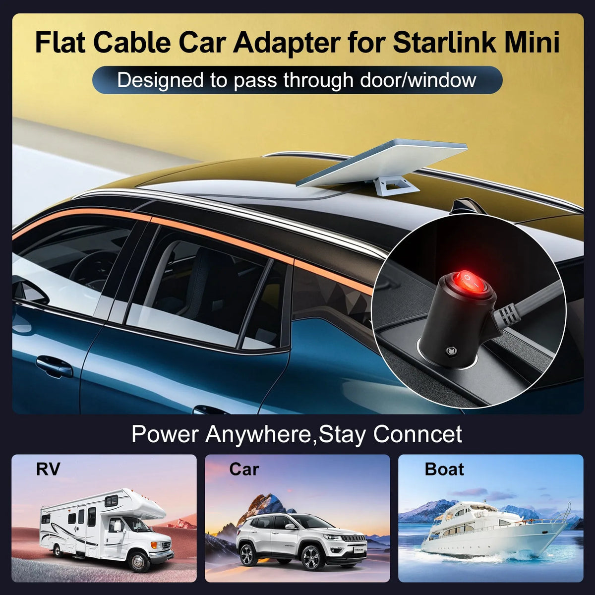 Flat 12v 24v Starlink Mini power cord for convenient vehicle socket connections