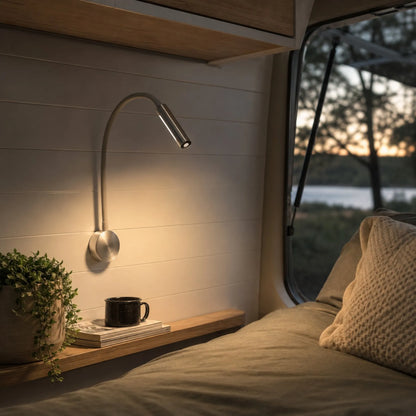 Adjustable arc reading light for caravan, RV, and campervan installations