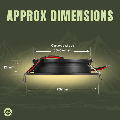 Black 12v ceiling lights designed for caravan kitchens, lounges, and storage spaces