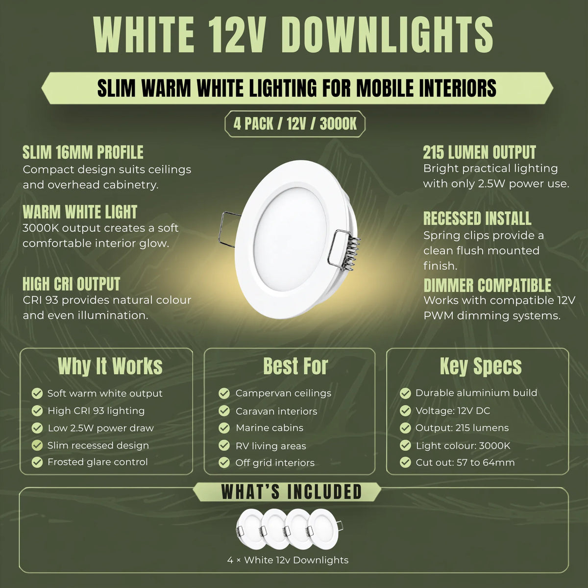 12v warm white LED downlights for campervan and RV ceiling installations