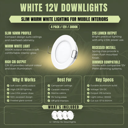 12v warm white LED downlights for campervan and RV ceiling installations