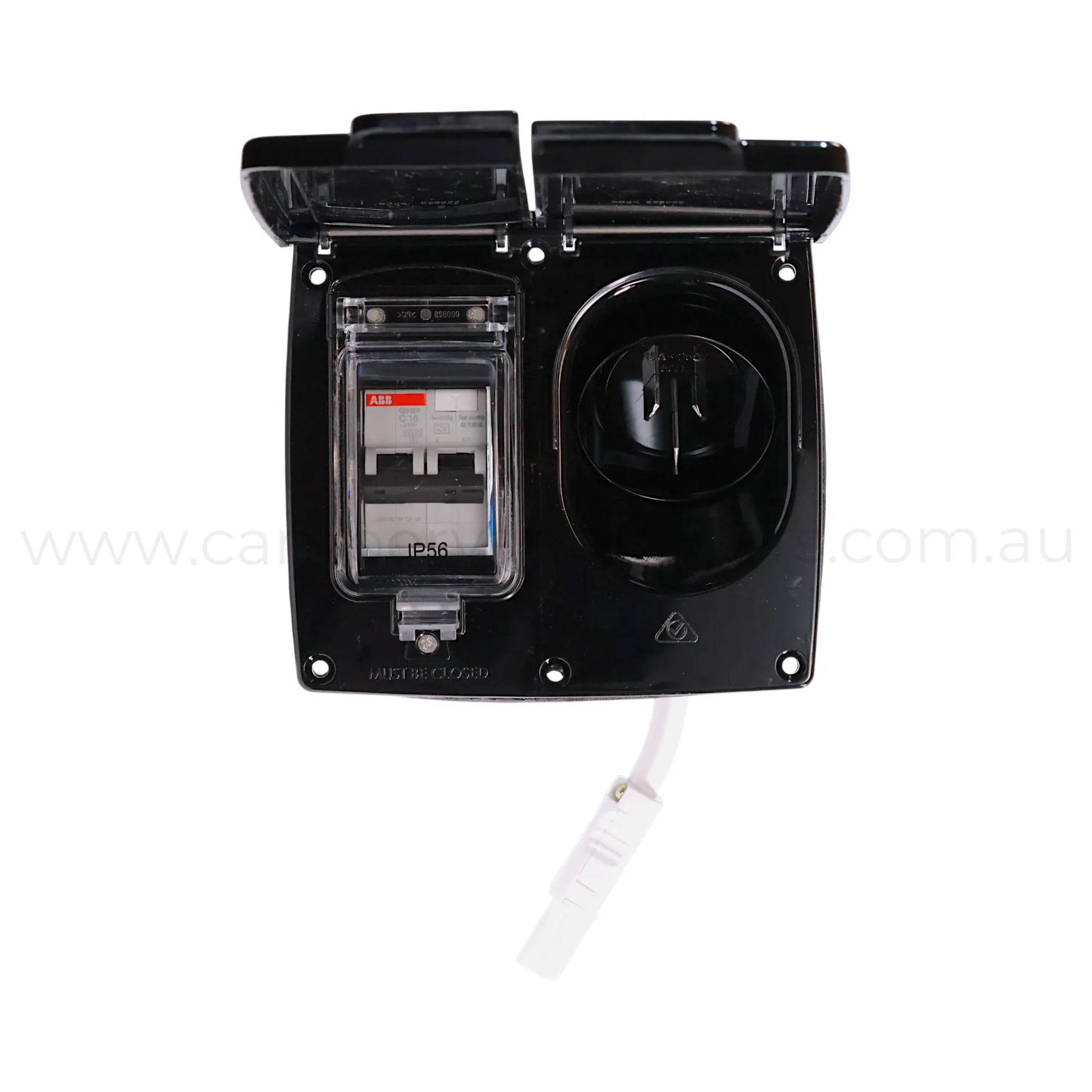 black 15a 240v external inlet and 16a rcbo ip44 kit for campervan mains power protection