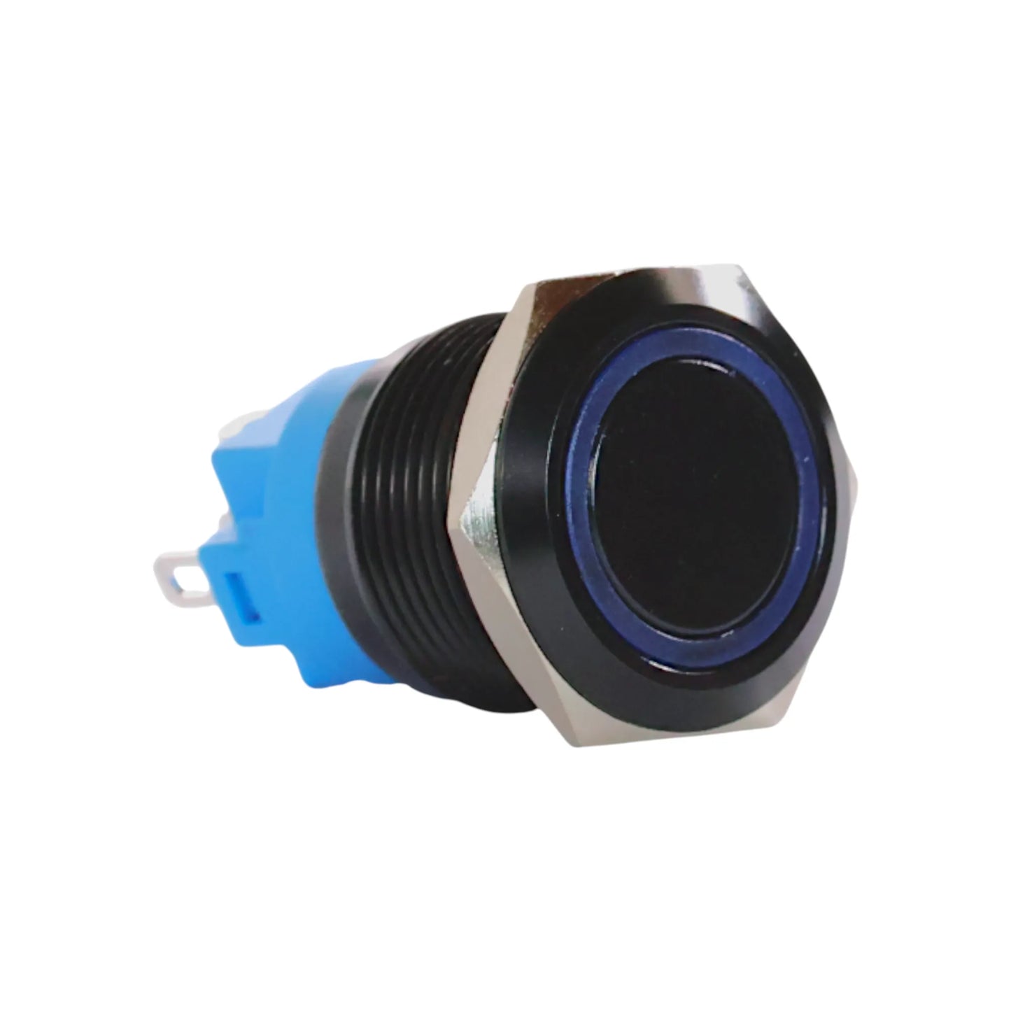 22mm LED Push Button Blue Switch Anodised Black 12–24v – Campervan Builders