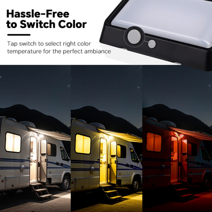 LED porch light with three colour settings in black housing