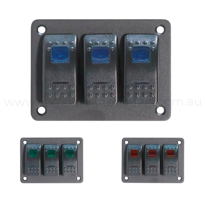 3 way rocker switch panel with dual led illumination for campervan electrical control