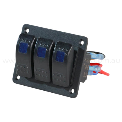 illuminated 3 way rocker switch panel ideal for caravan 12v accessory switching