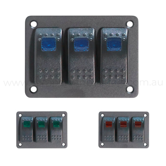 3 way rocker switch panel with single led illumination for campervan electrical control
