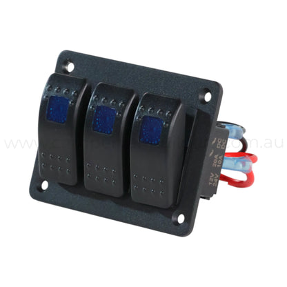 illuminated 3 way rocker switch panel ideal for caravan 12v accessory switching