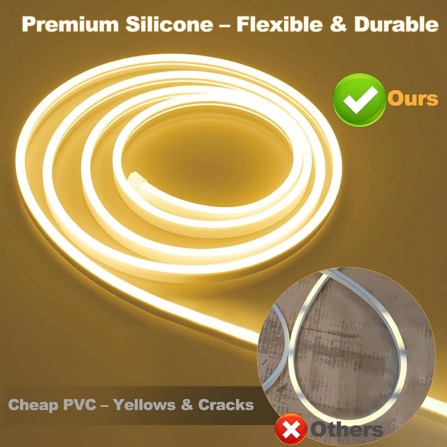 close-up of 3000K warm white neon flex glowing