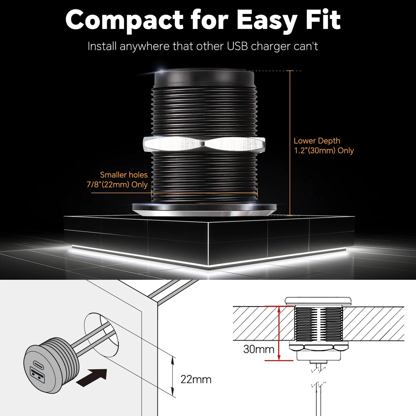 All-Aluminum USB-C & USB-A Recessed Charger Socket