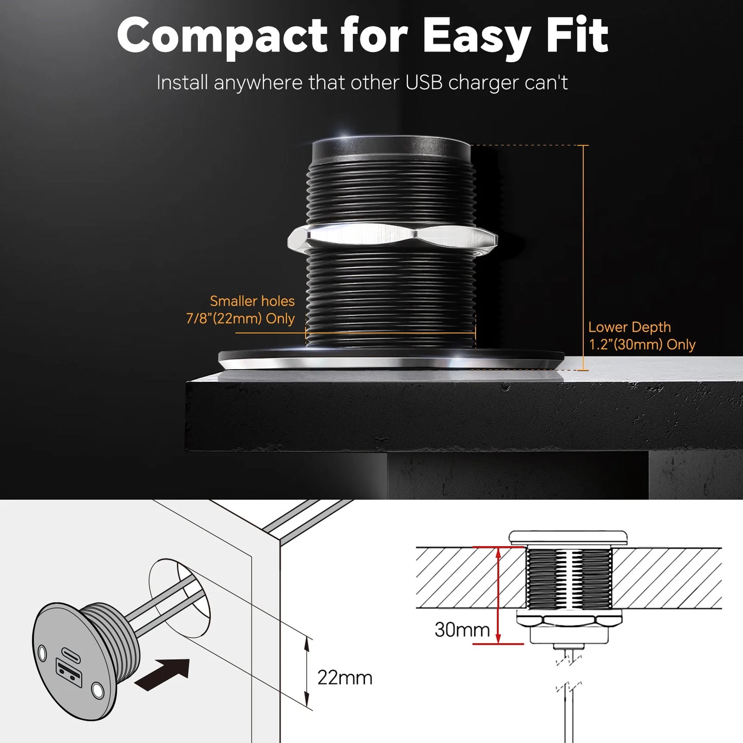 All-Aluminum USB-C & USB-A Recessed Charger Socket Large