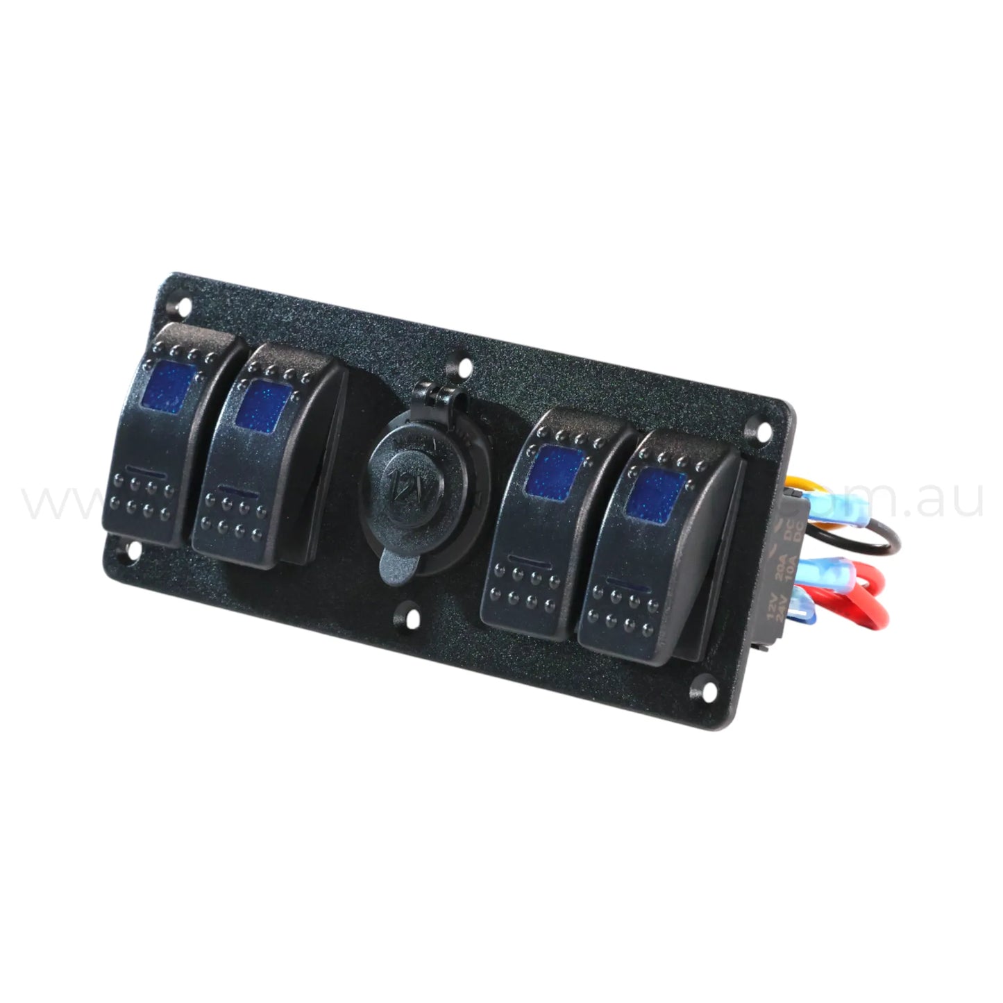 illuminated 4 way switch panel with 12v accessory socket ideal for caravan 12v fitouts
