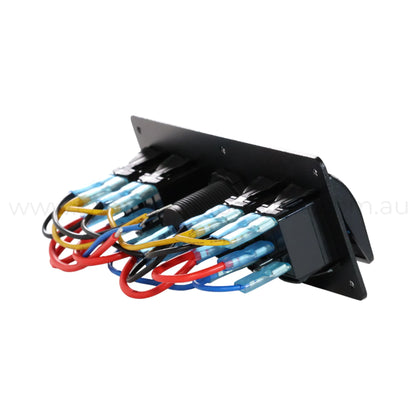 4 way 12v switch panel with accessory socket for campervan lighting, pumps, and usb adapters