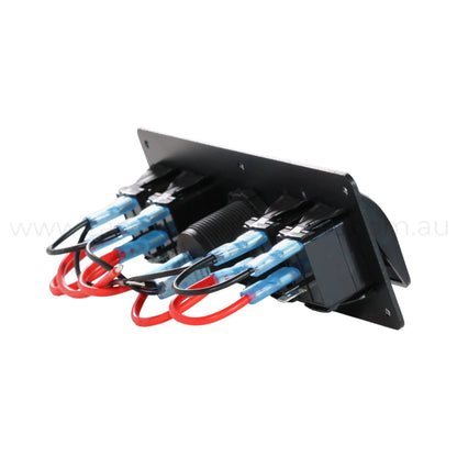4 way 12v switch panel with accessory socket for campervan lighting, pumps, and usb adapters