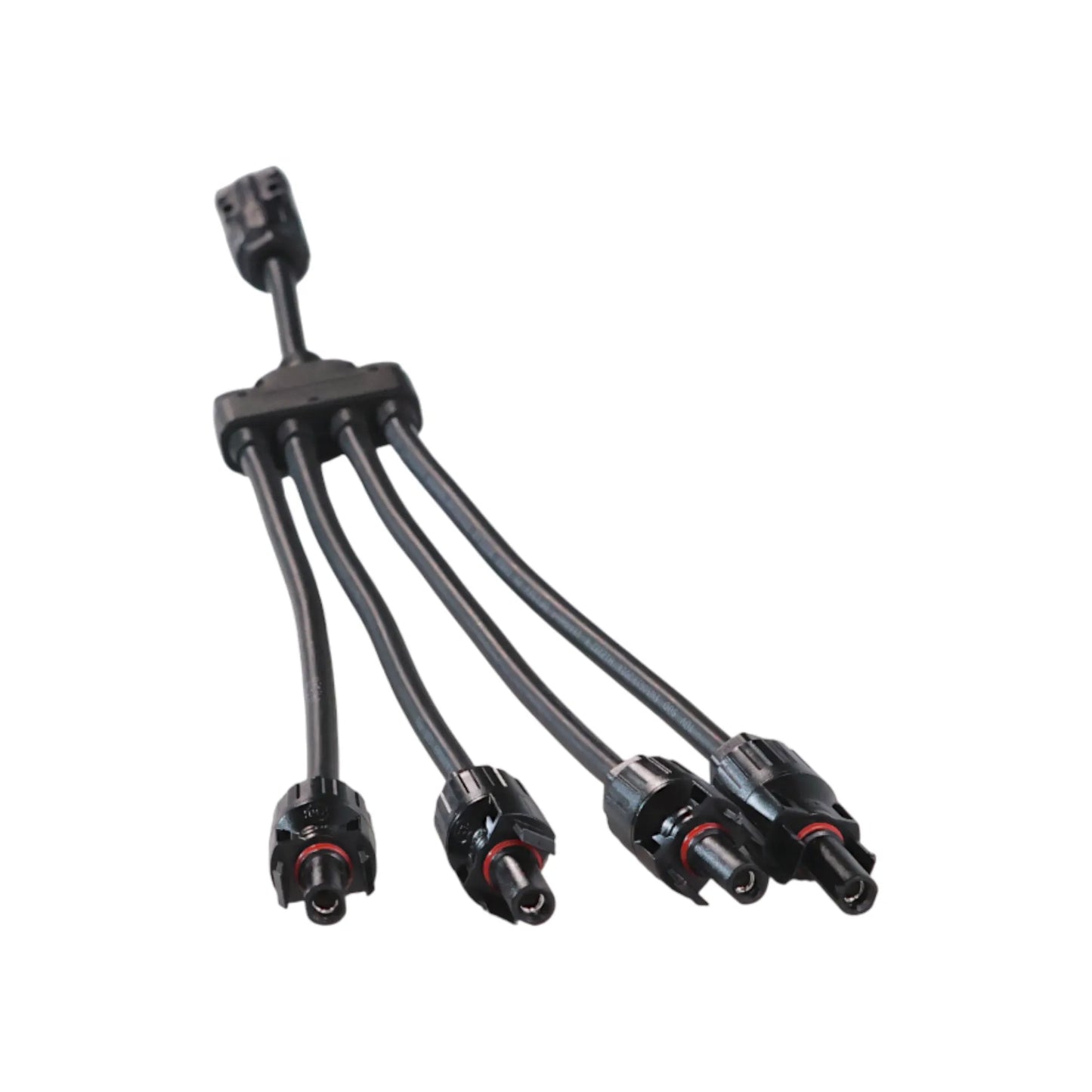 MC4 quadruple Y connectors shown with wiring