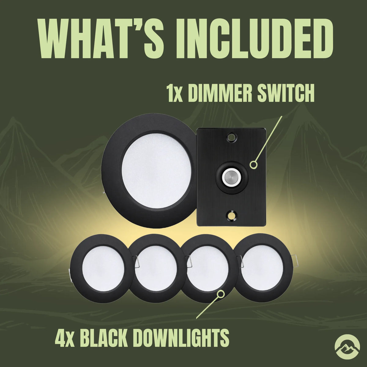 Four cool white black downlights with adjustable dimming for campervan interior fitouts