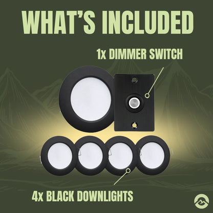 Four cool white black downlights with adjustable dimming for campervan interior fitouts