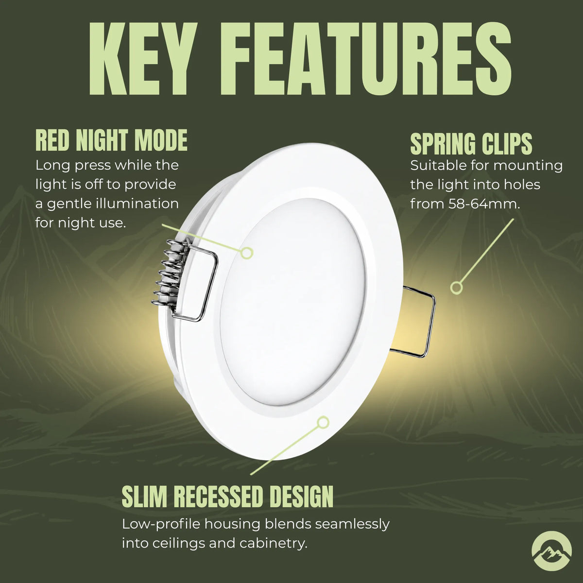 Four white cool white LED fixtures with brightness control for modern touring vehicle fitouts