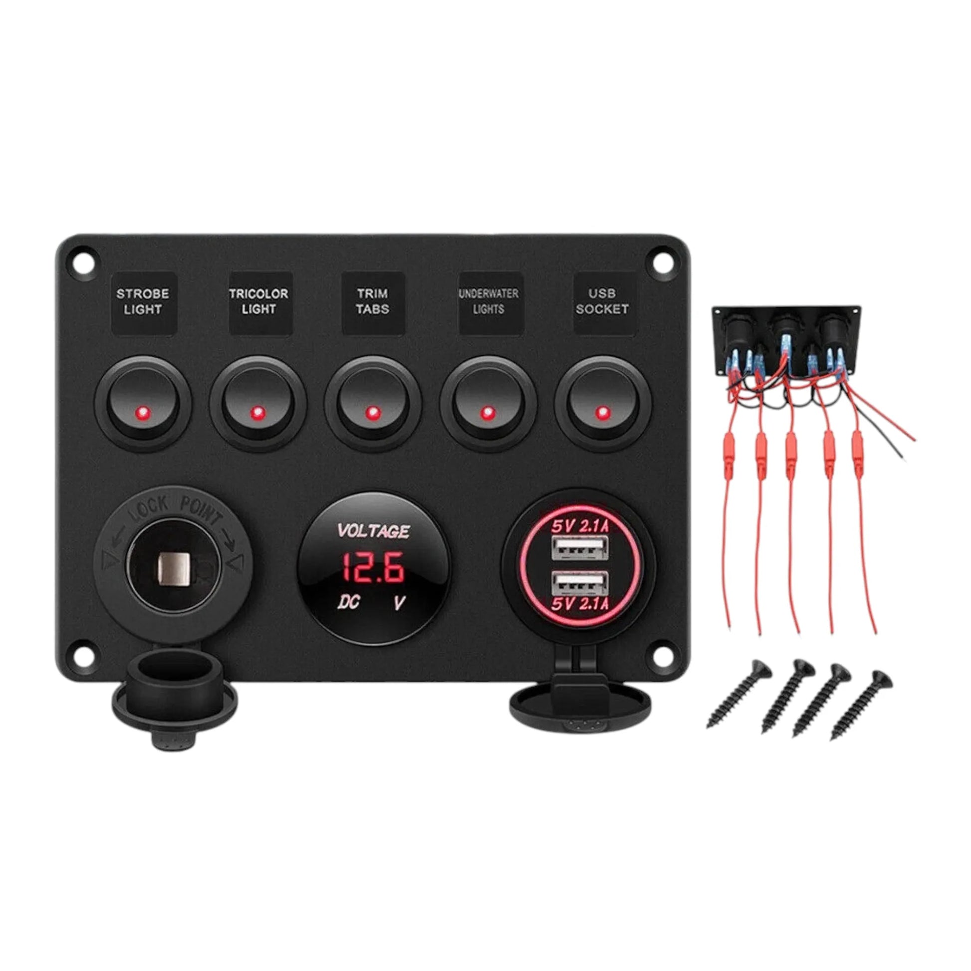 rv 5 way control panel with 12v accessory socket and dual usb a