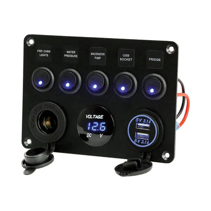 5 way rocker switch panel with built in voltmeter and USB A for campervan builds